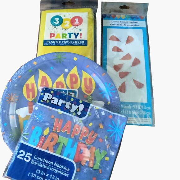 Happy Birthday Party Set 16 Plates 25 Napkins Tablecover Garland Blue Yellow Red - Picture 2 of 12